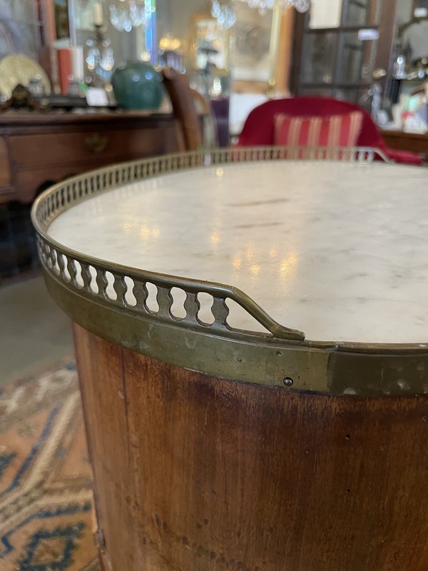 Early 19th Century French Oval Fruitwood Marble Top Side Table w/ Tambour Door gallery