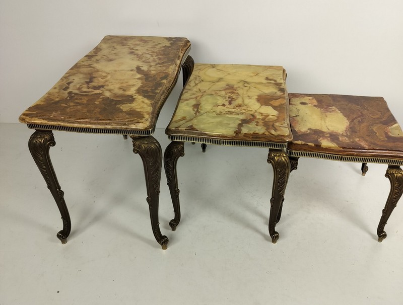 Set of 3 Nesting Stacking Coffee Side Tables Marble Onyx Brass Hollywood regency gallery