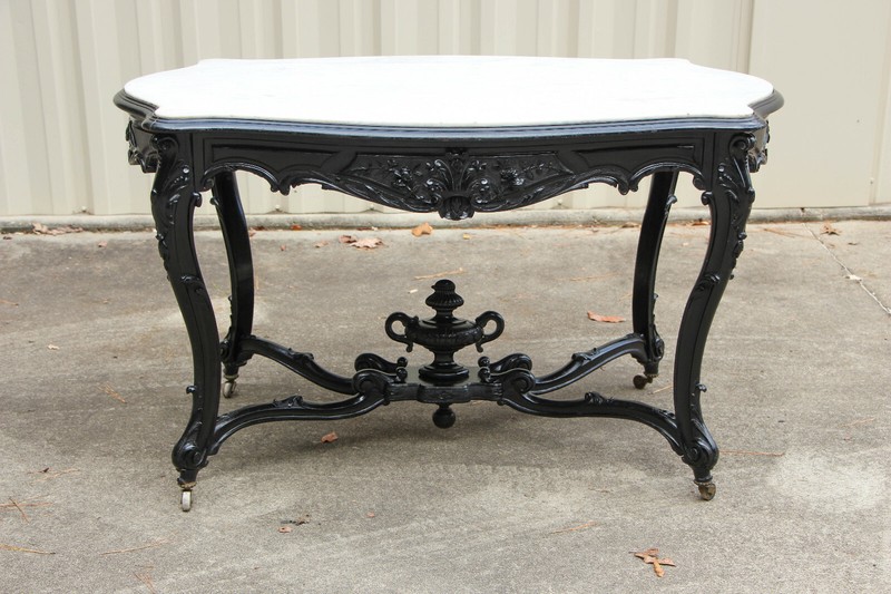 Outstanding Massive Victorian Rococo Ebonized Marble Top Center Table w Drawer