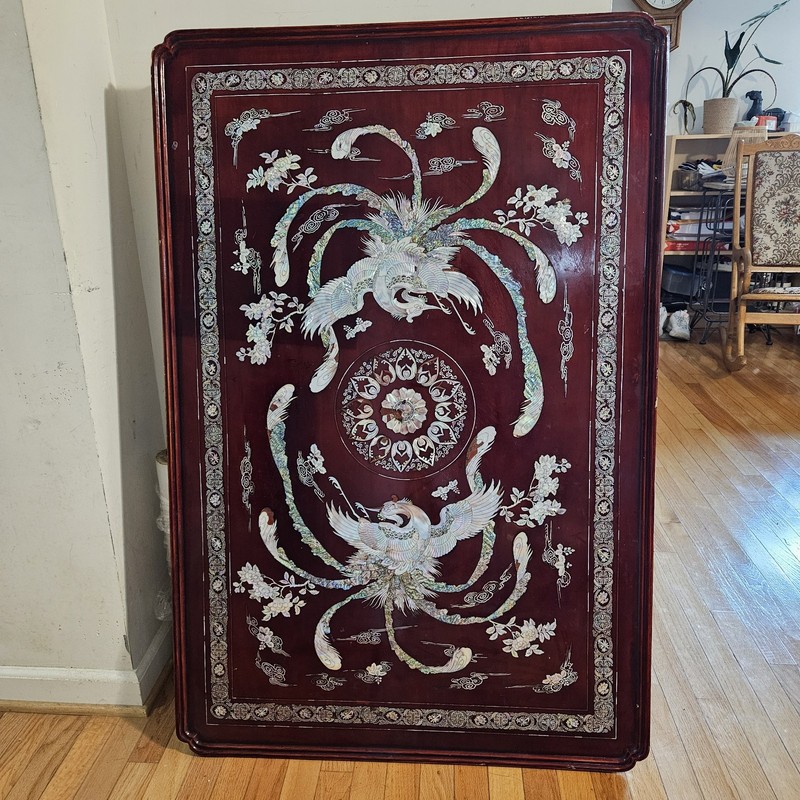Vintage 1950s Asian Korean Mother of Pearl Inlaid 2 Phoenixes Red Lacquer Table