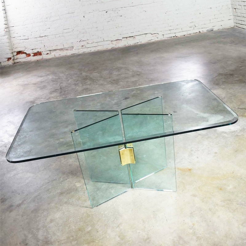 Glass Dining Table with Brass Plated Connector Attributed to The Pace Collection