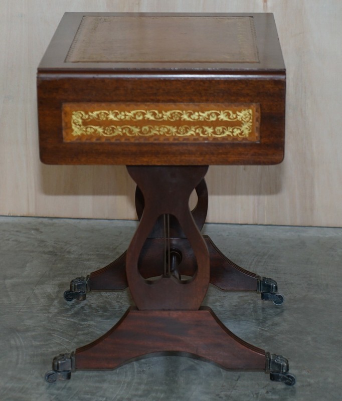 VINTAGE BROWN LEATHER GOLD LEAF SIDE END TABLE EXTENDING TOP GREAT GAMES TABLE gallery
