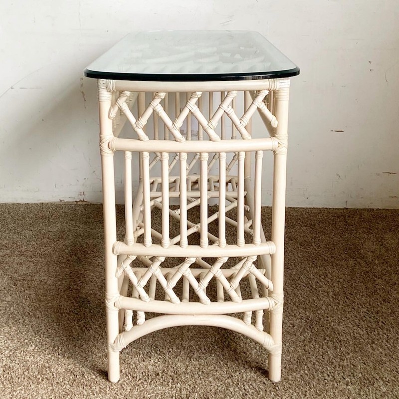 Boho Chic Bamboo Rattan Glass Top Console Tables by Ficks Reed gallery