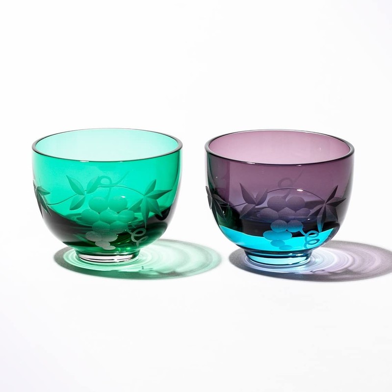 Edo Kiriko Grape Crest Sake Cups Pair Green and Edo Purple Made in Japan