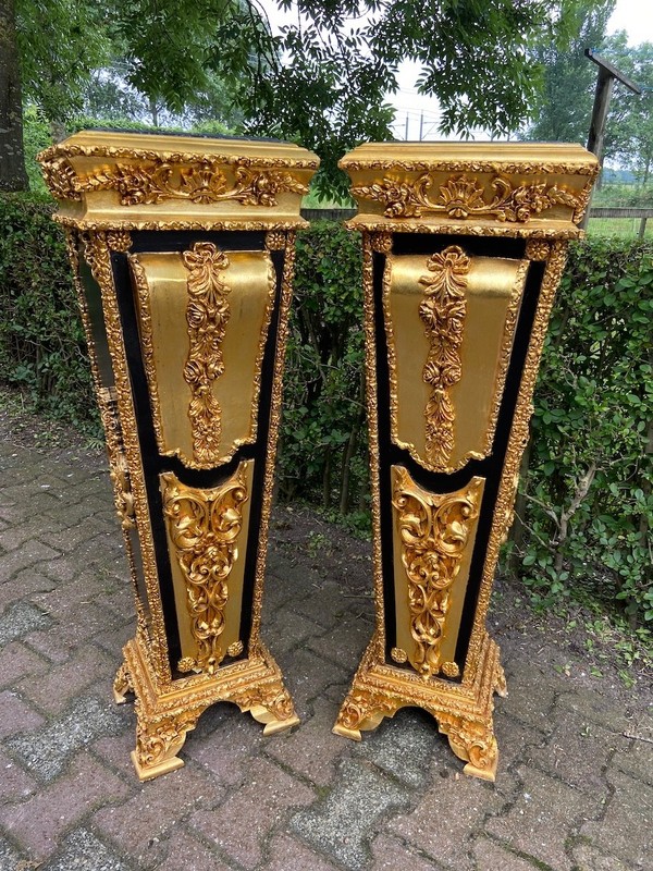 Pedestals Louis XVI Gold Black Marble Tops Pair Vintage Pillars Stands Display