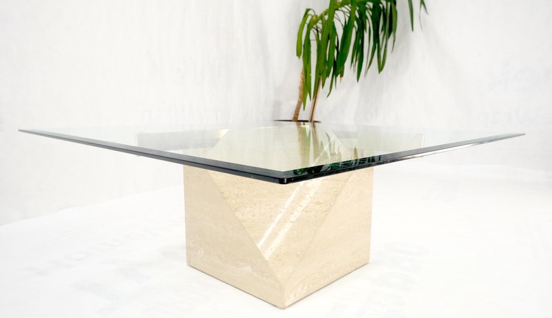 Travertine Cube Base Square Glass Top Italian Mid-Century Modern Coffee Table gallery
