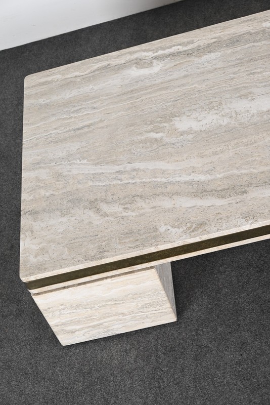 Monumental Travertine and Stainless Steel Coffee Table manner of Karl Springer gallery