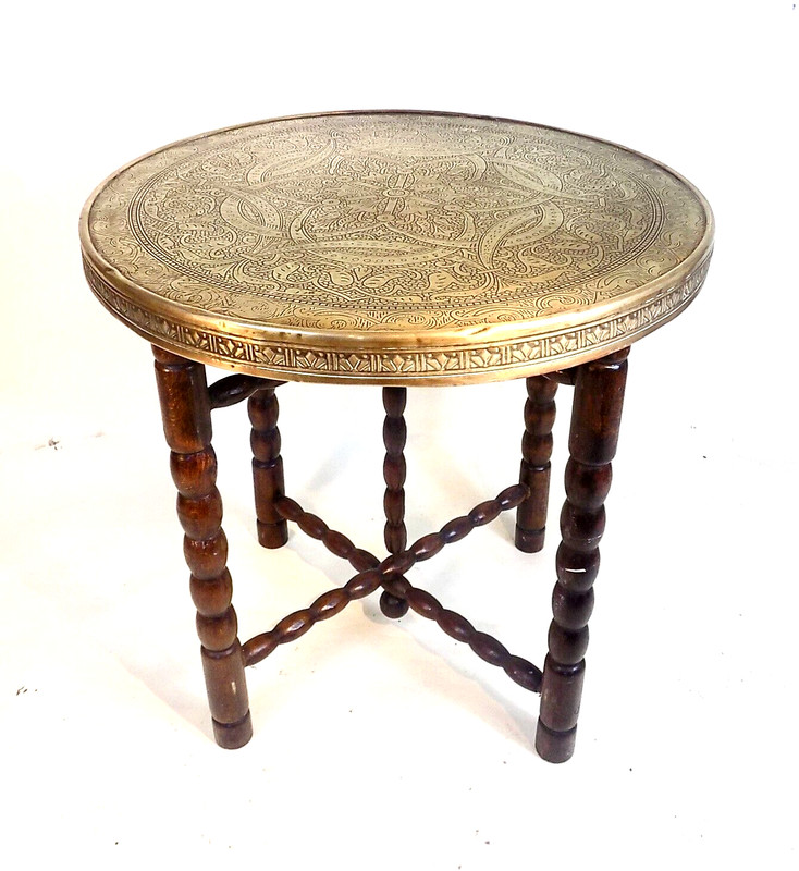 English Antique Bobbin Turned Folding Table. Brass Top. Useful . Genuine.