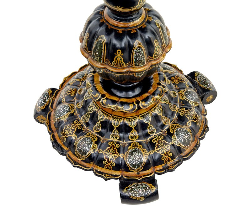 19TH CENTURY PAPIER MACHE AND PAINTED MOTHER OF PEARL INLAID TILT-TOP TABLE gallery