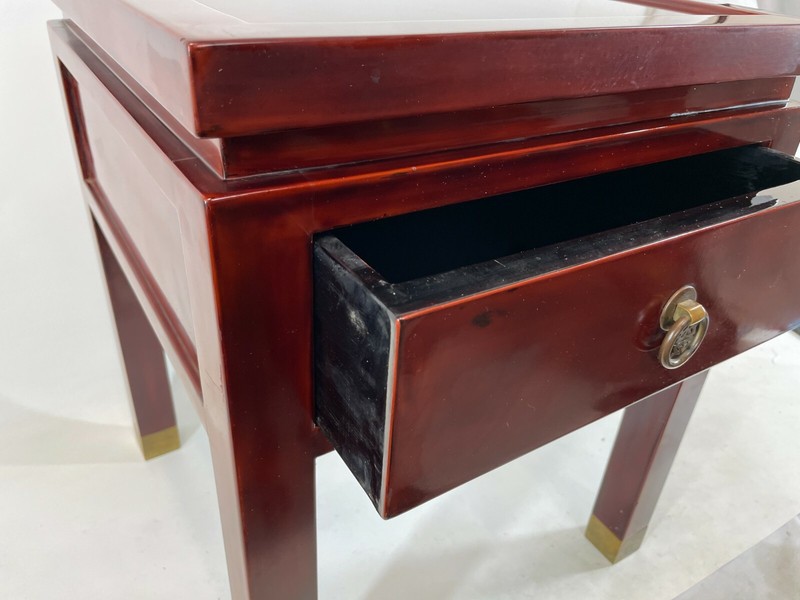 RARE Vintage THANH LE Vietnam Pair 19" Red Lacquer Wood Brass Side End Tables gallery