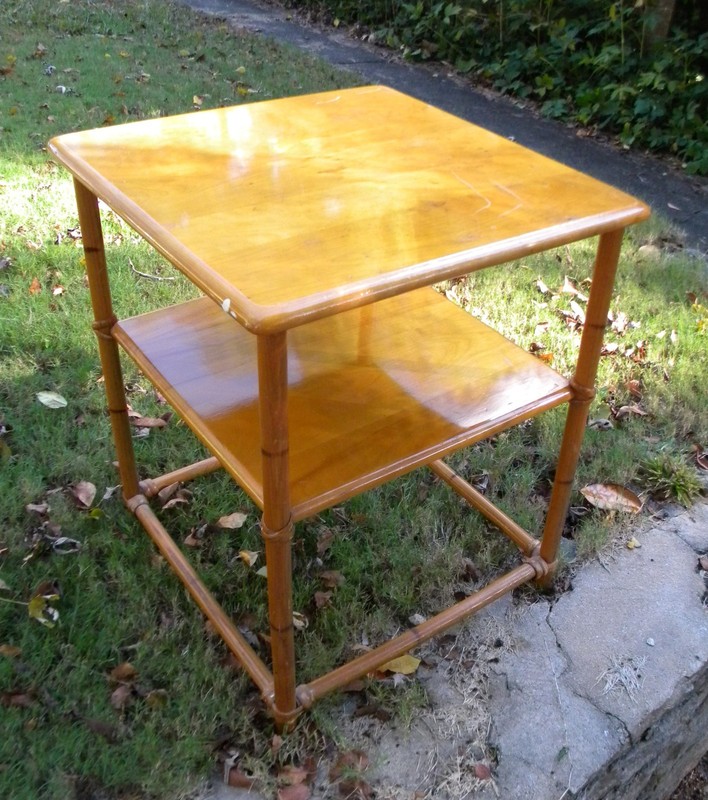 Heywood Wakefield, side table, oak, rattan, 1950s gallery