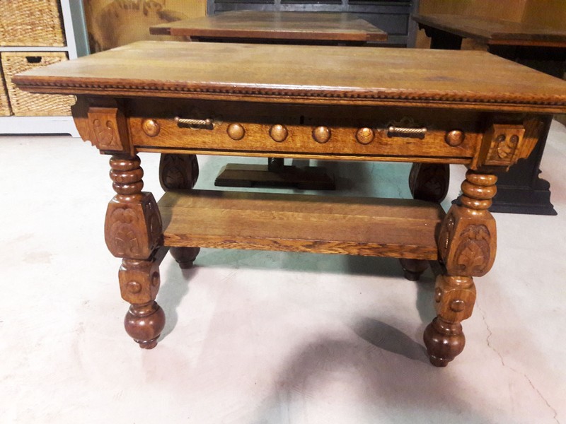 Carved Oak Library Table with Drawer or Desk