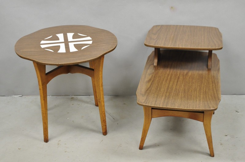 Vintage Mid Century Modern Walnut & Formica Round & Step Side Table Set - 2 pcs gallery