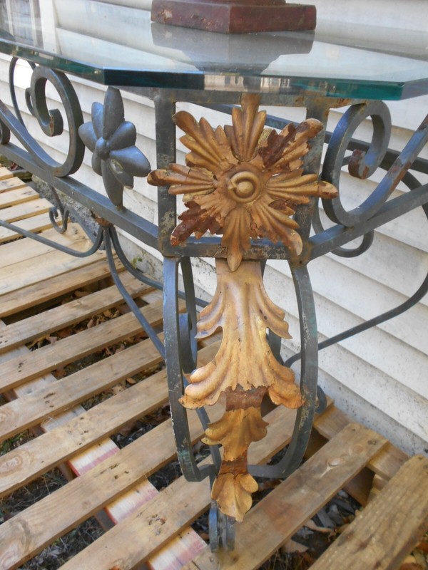 VINTAGE HAND MADE WROUGHT IRON CONSOLE TABLE WITH GLASS TOP shipping available gallery