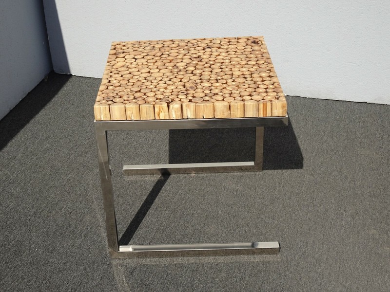 Vintage Contemporary Modern Wood Slice Side End Table w Chrome Base gallery