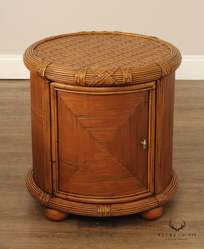 Bamboo and Rattan Circular Glass Top Drum Style Side Table gallery