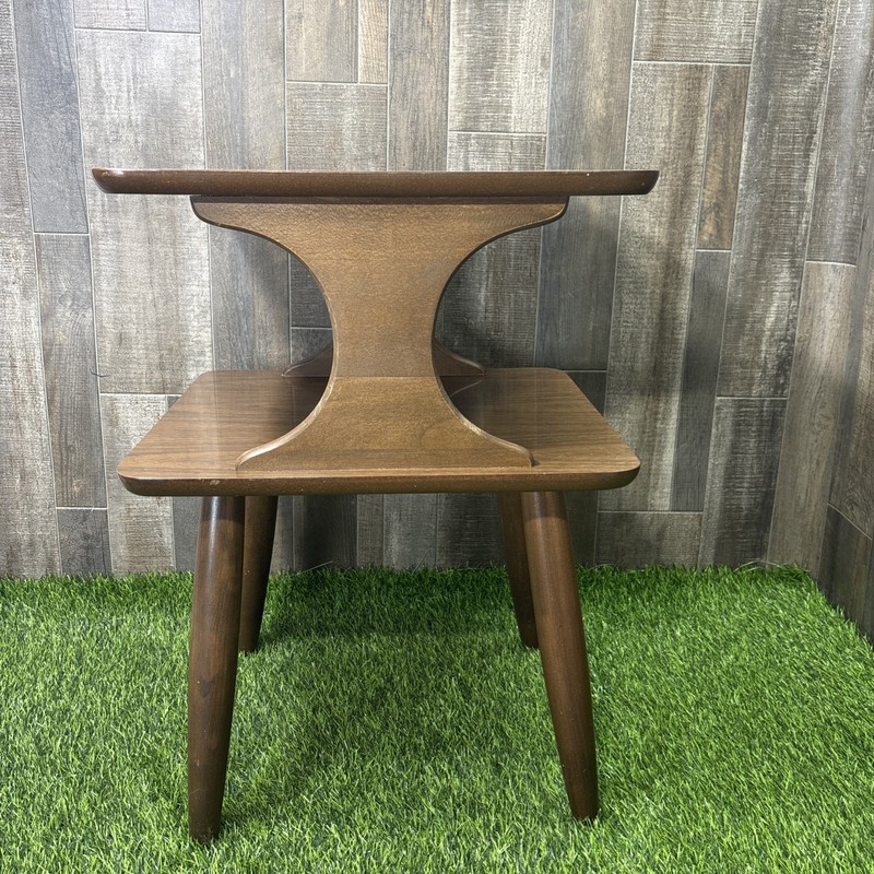 MCM Two Tier End Table Faux Walnut Laminate Mid Century Modern Side Table