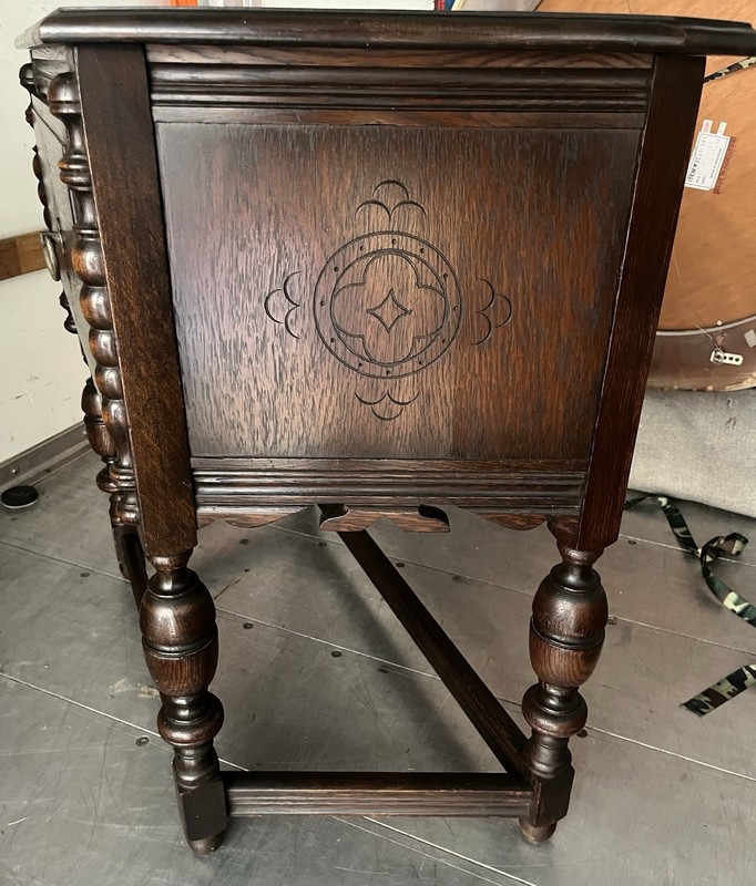 Tomlinson 1930s/40s Jacobean Revival Gothic Carved Romano Oak Server/ Side Table gallery