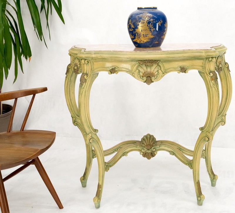 Carved French Regency Paint Decorated Console Table w/ Rouge Pink Marble Top gallery