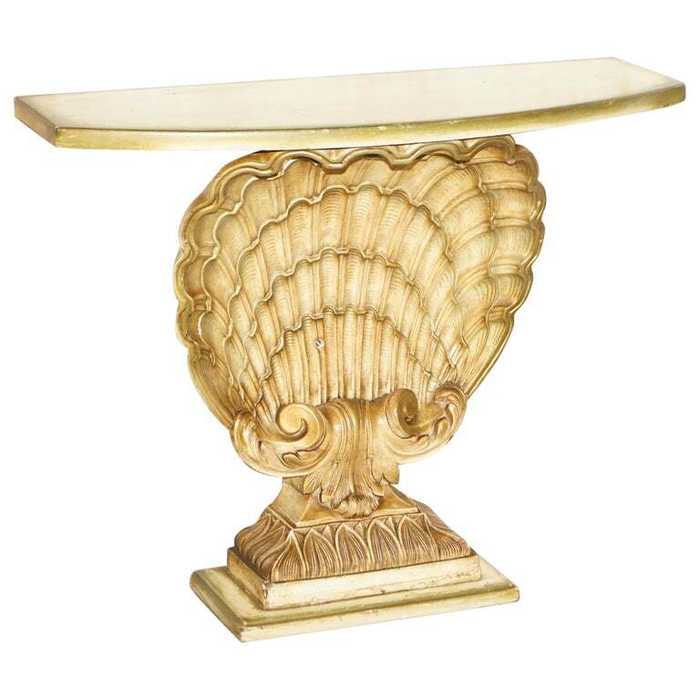 AFTER GROULT MID CENTURY CIRCA 1960’S GILT PLASTER SEA CLAMP SHELL CONSOLE TABLE