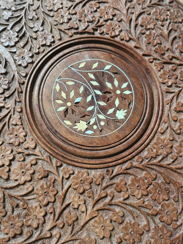 Vintage Carved Sheesham Wood Table Plant Stand TOP ONLY Inlaid Leaves India gallery