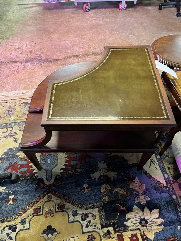 Antique Two-Tier Wood Side Table with Leather Top, Brown, Curved Square gallery