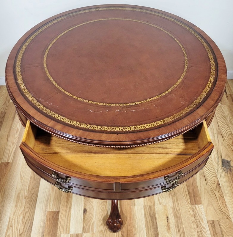 Vintage AMERICAN Mahogany Gilt Tooled LEATHER Top DRUM TABLE Heirloom WEIMAN gallery