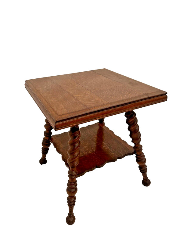 Antique Victorian Table bottom shelf Tiger Oak Thick Barley Twist legs Ball feet