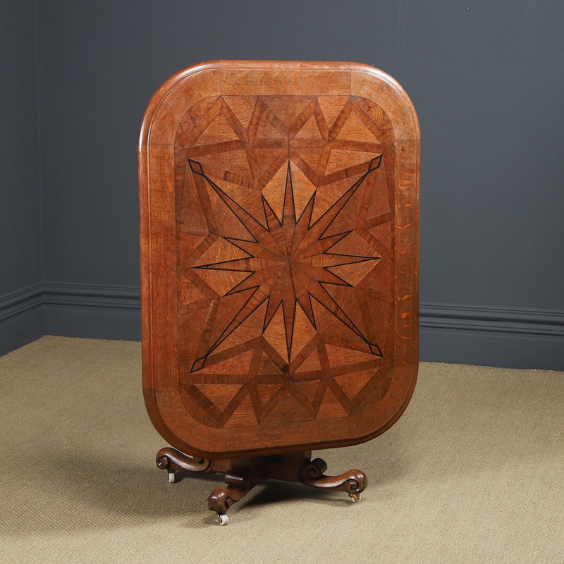 Antique Continental Victorian Oak Ebony Parquet Centre Loo Dining Table c. 1860 gallery