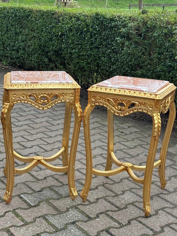 Side Tables French Louis XVI Gold Beech Pink Marble 1970 Occasional Pair 2 Pcs gallery