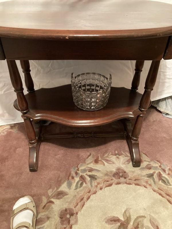 Antique Two-tier Oval Side Table It Features Turned Legs and Carved Details