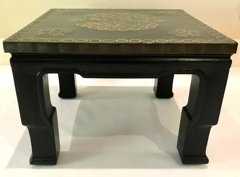 Vintage Asian Bronze Coin Mid Century Modern Side Table Black Lacquered 18"x18" gallery