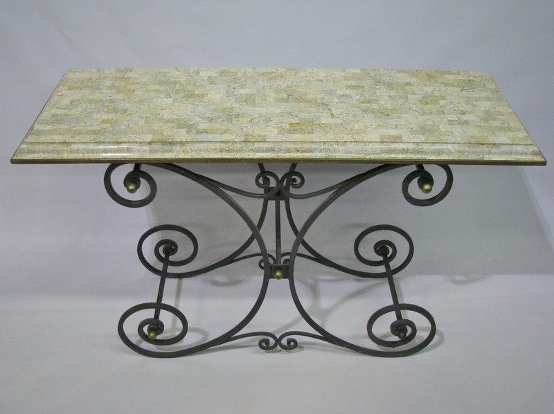 Maitland Smith Iron Baker’s Table With Tesselated Stone Top; Nr. Mint to Mint