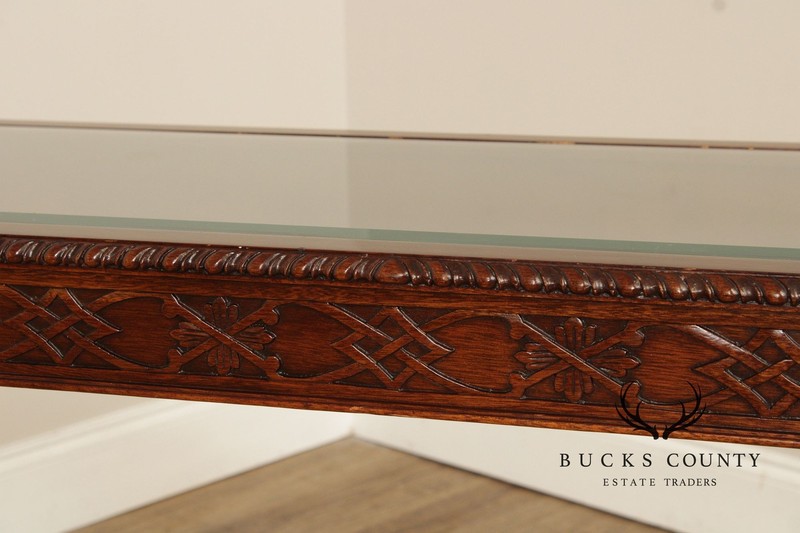 Chinese Chippendale Style Glass Top Mahogany Console Table gallery