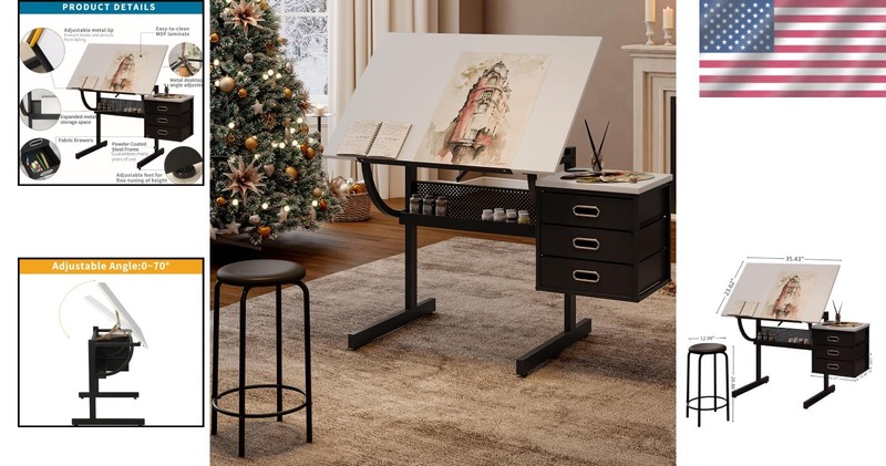 Adjustable Drafting Table with Stool & Storage Art Desk for Drawing Crafting gallery