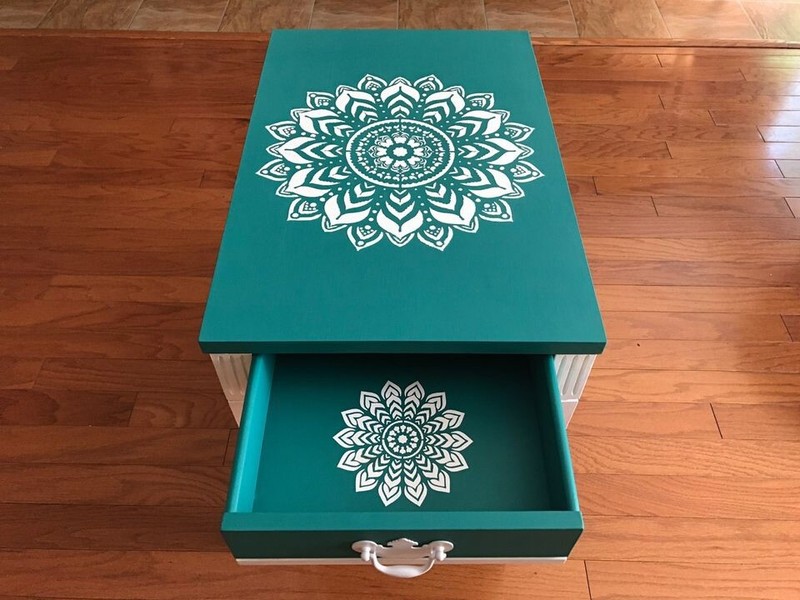 Hand Painted Striking Teal & White French Lace Side Table With Drawer