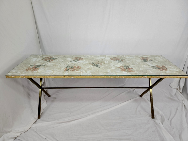 Inlaid Flowers Marble Long Table Chrome Legs Mid Century Modern Vintage Colorful gallery