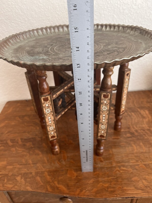 Moorish Brass Tray Table on Inlaid Folding Stand Vintage gallery