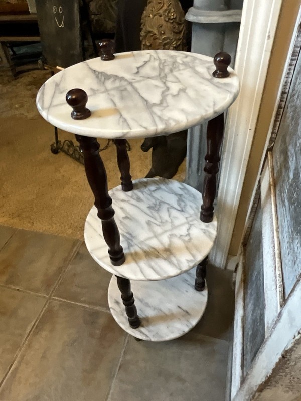 Italian Three Tiered White Carrara Marble and Mahogany Etagere/Plant Stand gallery