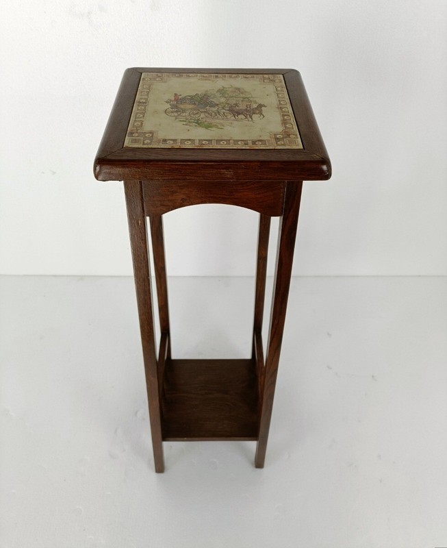 Vintage wood Pedestal Display Table Plant Stand Tile Victorian scene Two Tier Ba gallery