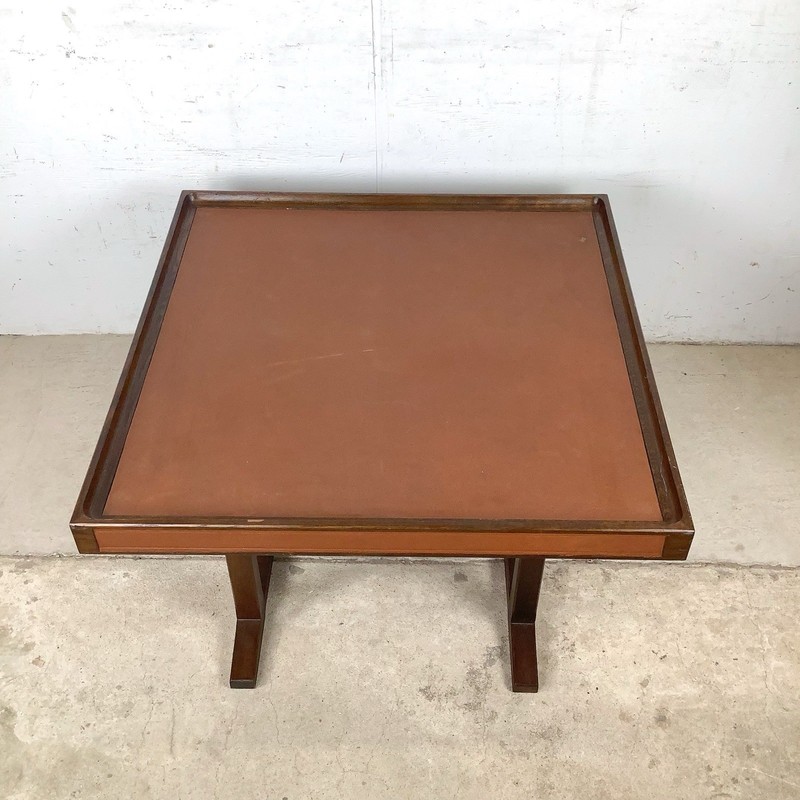 Vintage Studio Made Square End Table Cognac Leather Top Trestle gallery