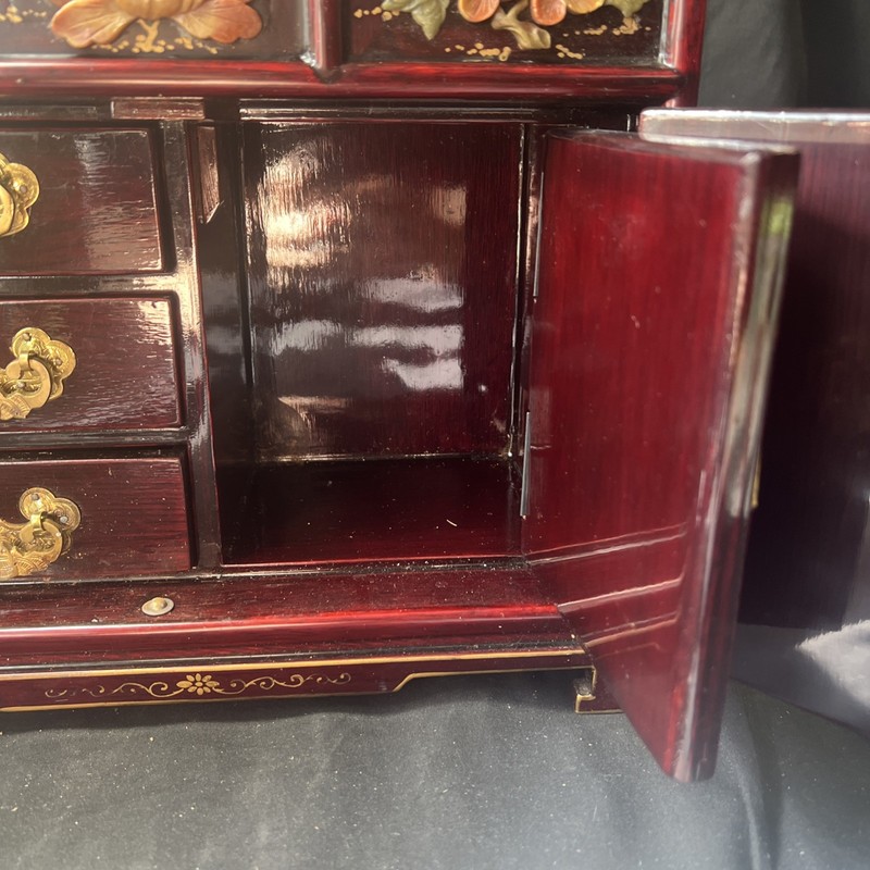 Vintage Oriental Asian Hand Painted Table Cabinet Cherry Wood W/ Mother Pearl gallery