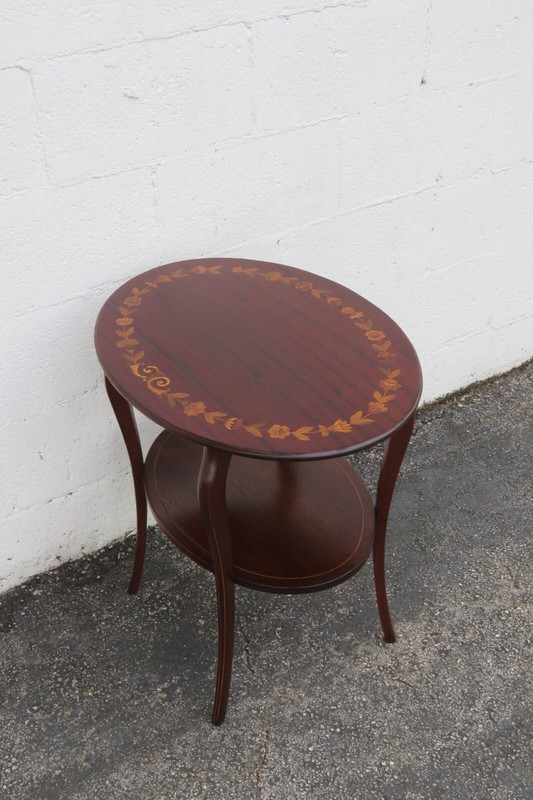 Victorian 1890s Inlay Two Tier Oval Side End Table 5641 gallery