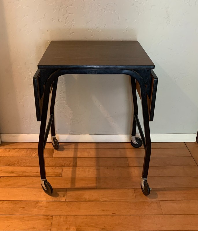 Vintage Drop Leaf Rolling Table Industrial Faux Wood
