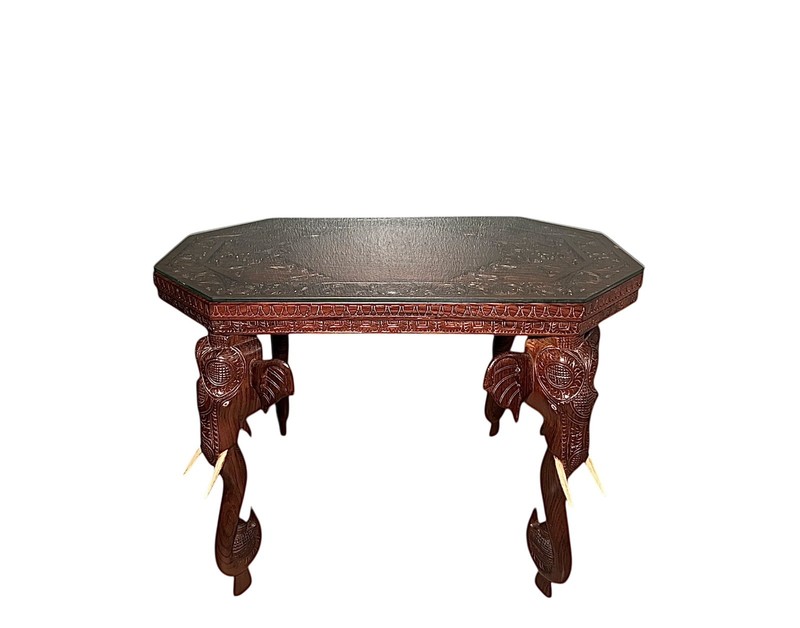 Mid 20th Century Anglo-Indian Carved Elephant Hardwood Octagon Table with Glass