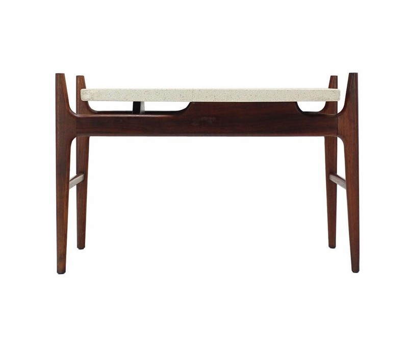 Unusual Trapezoid Travertine Terrazzo Top Oiled Walnut Base End Side Table MINT gallery