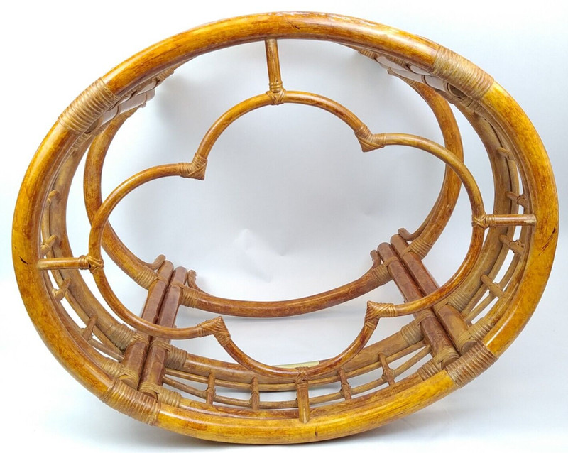 Oval Rattan & Glass Side Table 23" Clover Tiki Bamboo MCM Hollywood Regency gallery