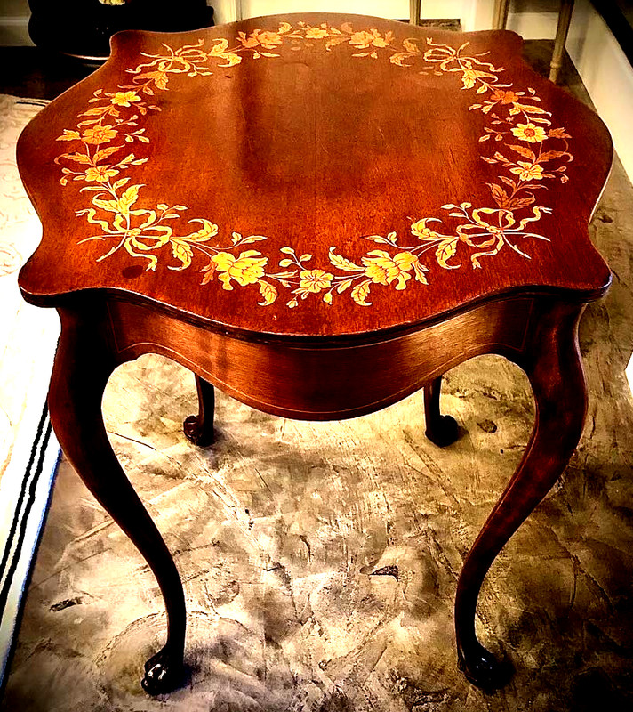 Antique French Louis Philippe Mahogany Accent Table Inlaid Marquetry Turtle Top