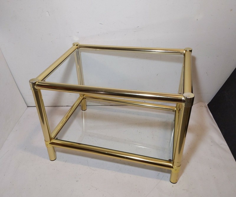 Vintage Mid Century Modern 2-Tier Glass Top Brass Table Hollywood Regency Retro
