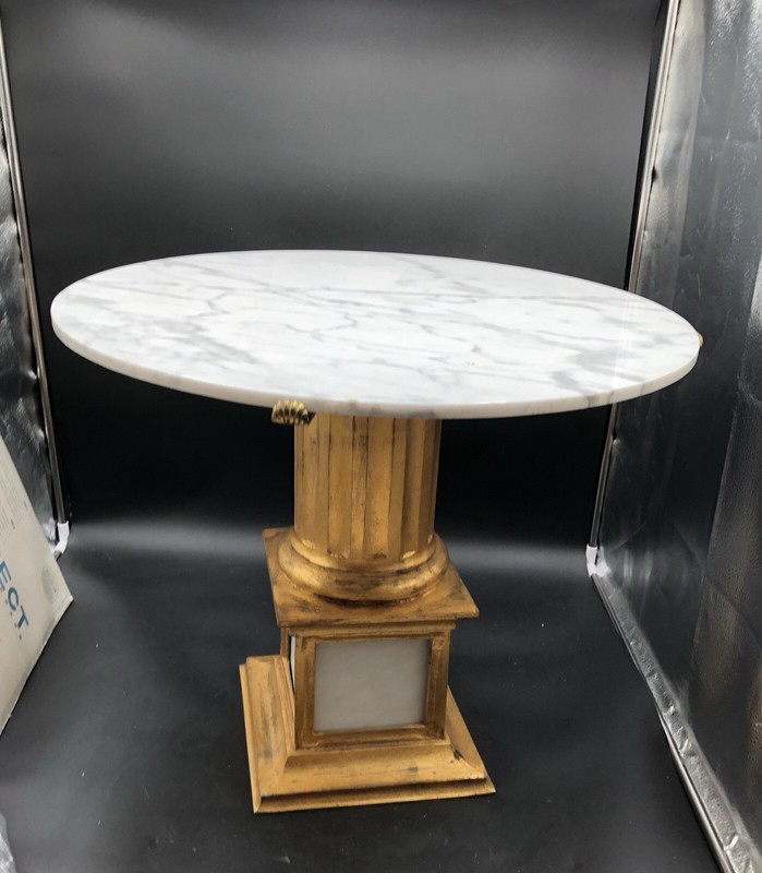 Palladio Antique Italian Side Table Round Faux Marble Top Gilt Metal Column 30s